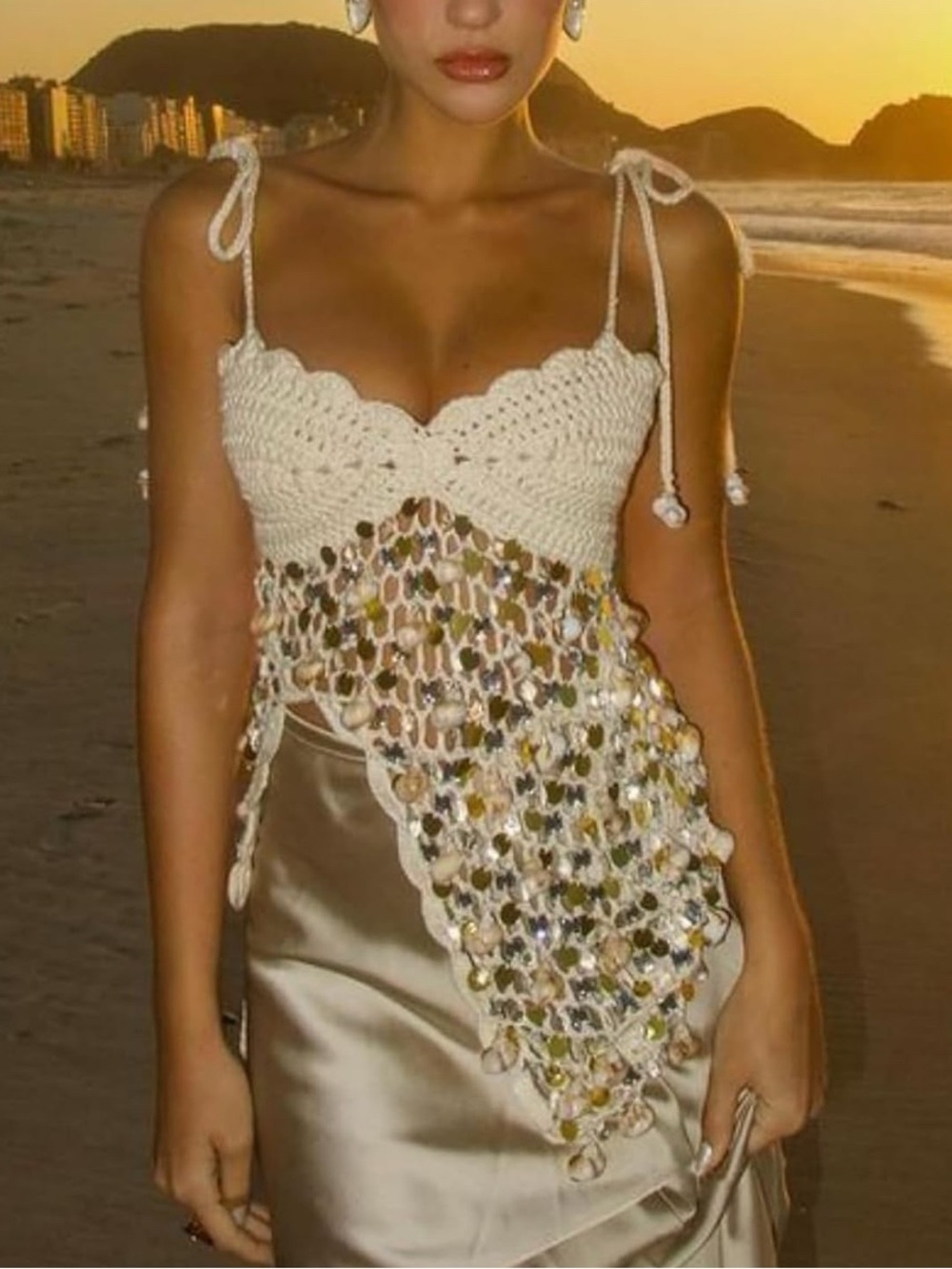 Cream Crochet Tie-Shoulder Camisole with Beaded Fringe